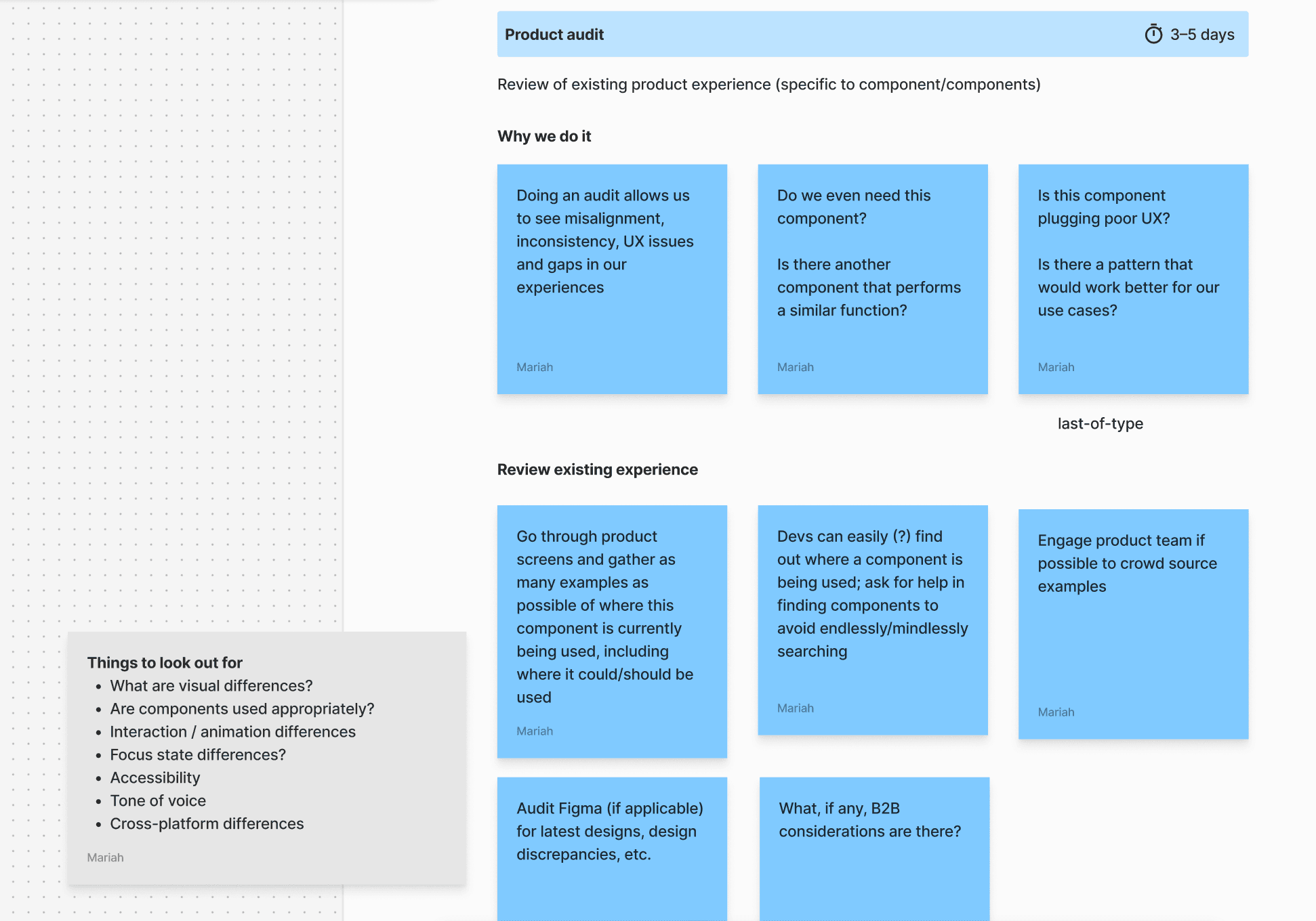 FigJam crop — Product audit section: inconsistency stickies, component necessity questions, poor-UX-plugging note, requirements gathering